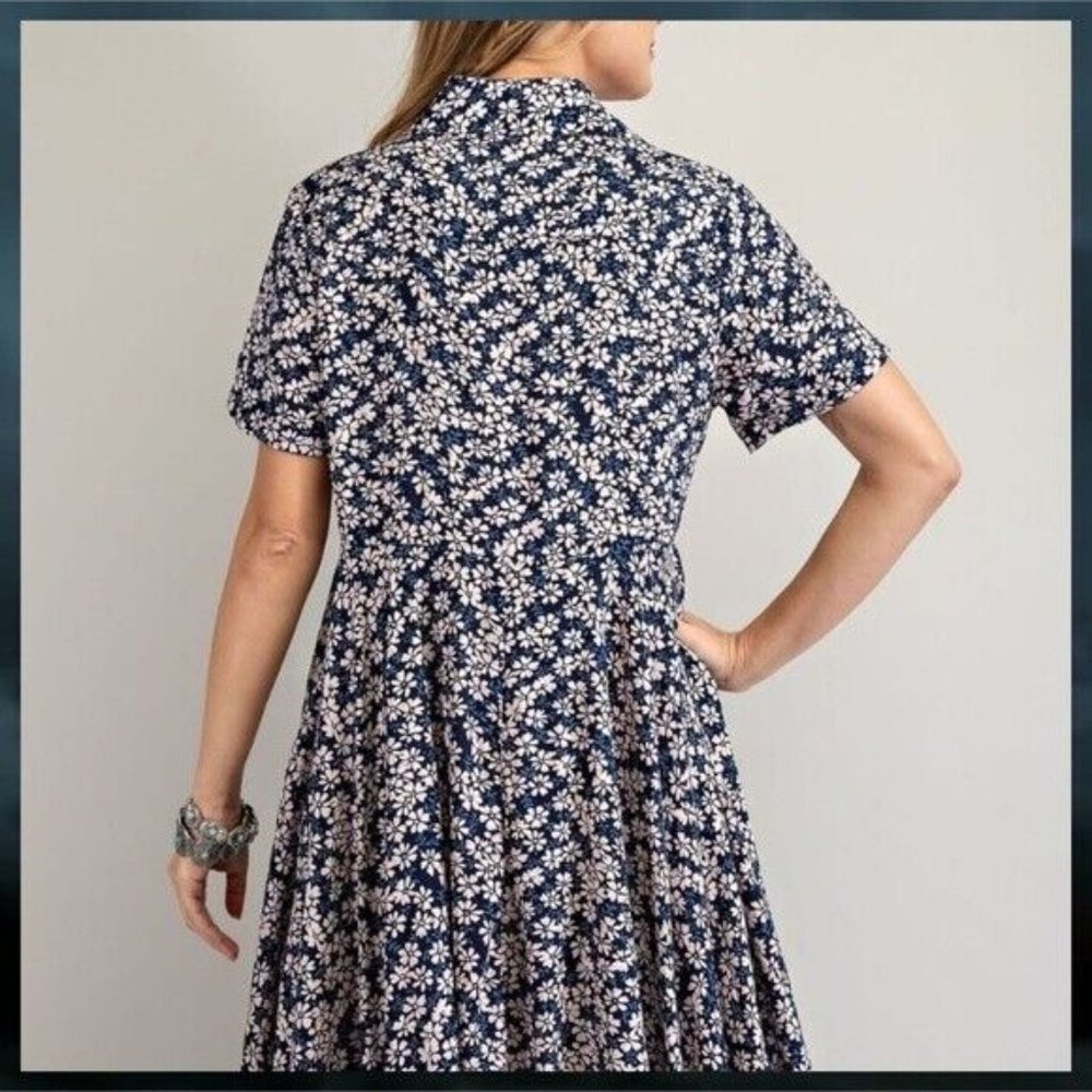 EASEL Lightweight Short Sleeved Collared Button Front Shark Bite Hem Shirt Dress - Picture 5 of 14